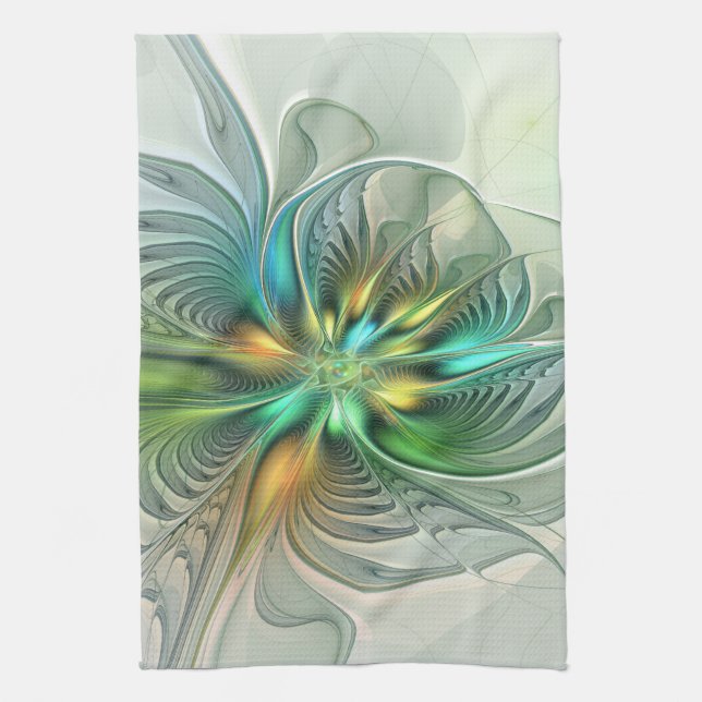 Colourful Fantasy Modern Abstract Flower Fractal Tea Towel (Vertical)