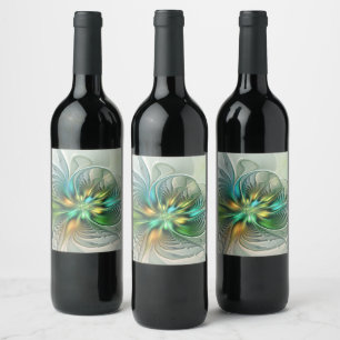Colourful Fantasy Modern Abstract Flower Fractal Wine Label