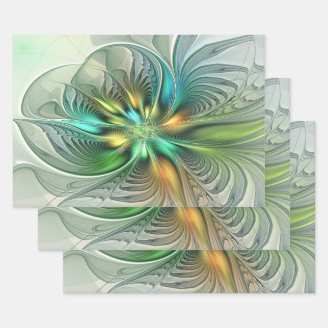 Colourful Fantasy Modern Abstract Flower Fractal Wrapping Paper Sheet (Set)