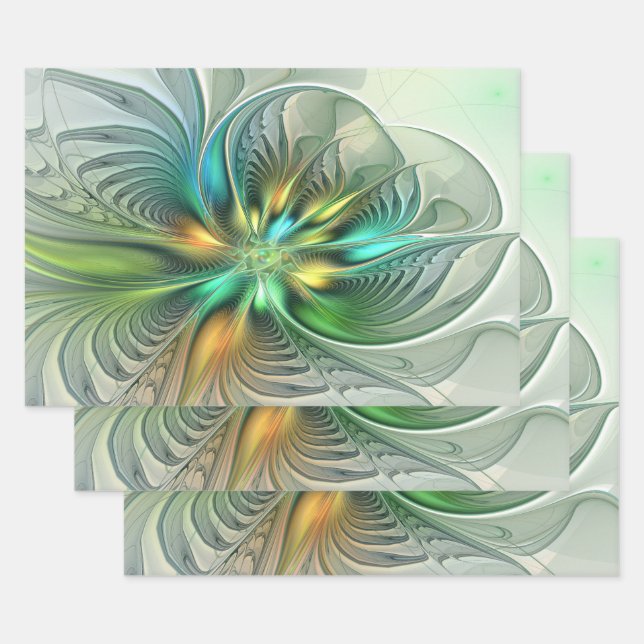 Colourful Fantasy Modern Abstract Flower Fractal Wrapping Paper Sheet (Set)