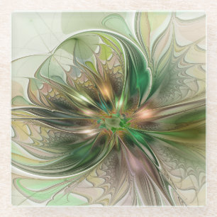 Colourful Fantasy Modern Abstract Fractal Flower Glass Coaster