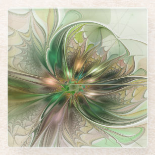 Colourful Fantasy Modern Abstract Fractal Flower Glass Coaster