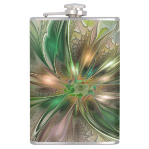 Colourful Fantasy Modern Abstract Fractal Flower Hip Flask