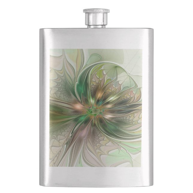 Colourful Fantasy Modern Abstract Fractal Flower Hip Flask (Front)