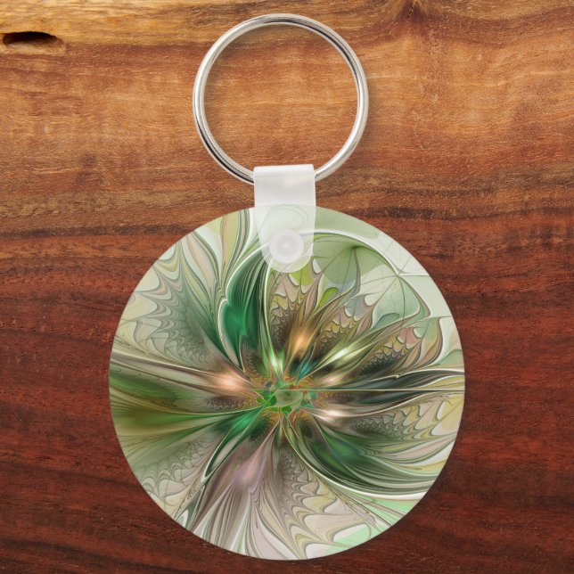 Colourful Fantasy Modern Abstract Fractal Flower Key Ring (Front)