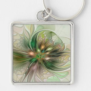 Colourful Fantasy Modern Abstract Fractal Flower Key Ring