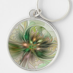 Colourful Fantasy Modern Abstract Fractal Flower Key Ring