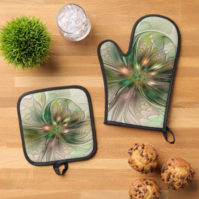 Colourful Fantasy Modern Abstract Fractal Flower Oven Mitt & Pot Holder Set (Top Down)