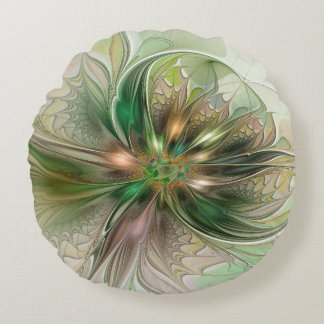 Colourful Fantasy Modern Abstract Fractal Flower Round Cushion