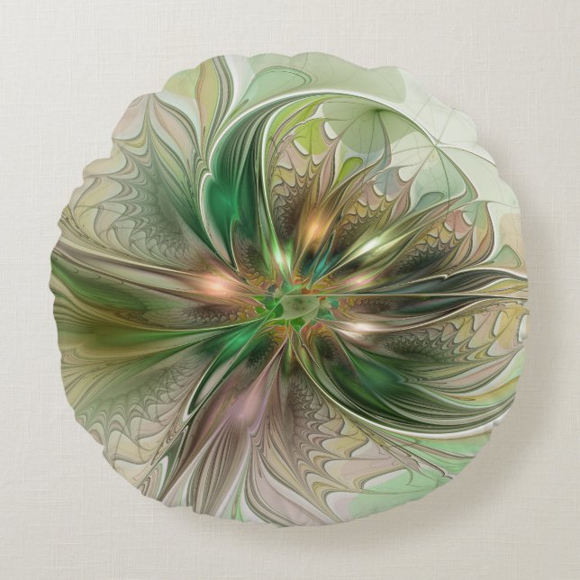 Colourful Fantasy Modern Abstract Fractal Flower Round Cushion (Front)