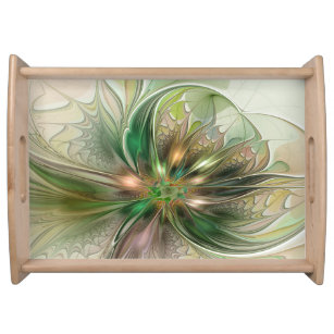 Colourful Fantasy Modern Abstract Fractal Flower Serving Tray