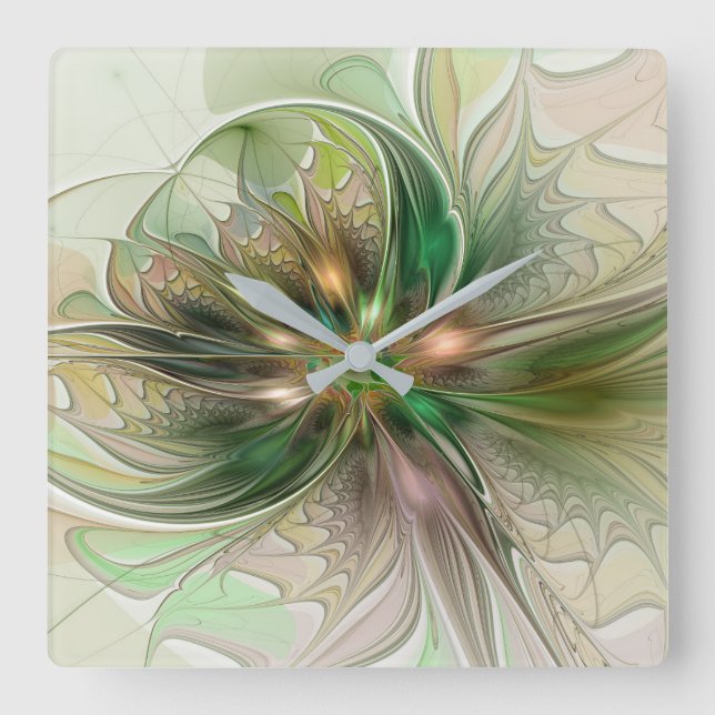 Colourful Fantasy Modern Abstract Fractal Flower Square Wall Clock (Front)