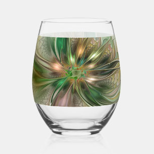 Colourful Fantasy Modern Abstract Fractal Flower Stemless Wine Glass