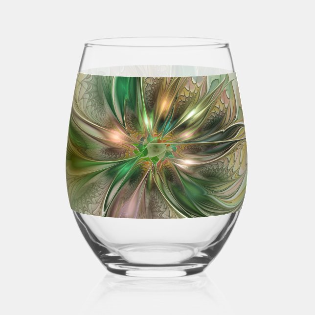 Colourful Fantasy Modern Abstract Fractal Flower Stemless Wine Glass (Front)