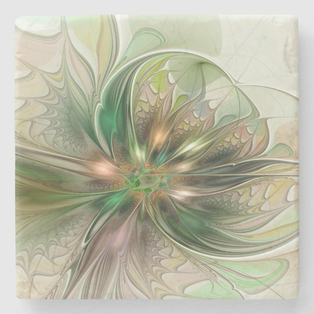 Colourful Fantasy Modern Abstract Fractal Flower Stone Coaster (Front)