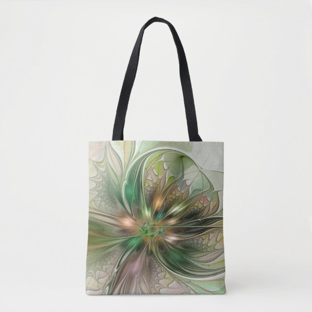 Colourful Fantasy Modern Abstract Fractal Flower Tote Bag (Front)