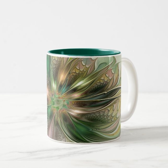 Colourful Fantasy Modern Abstract Fractal Flower Two-Tone Coffee Mug (Front Right)