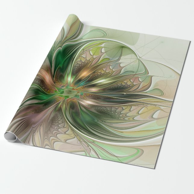 Colourful Fantasy Modern Abstract Fractal Flower Wrapping Paper (Unrolled)