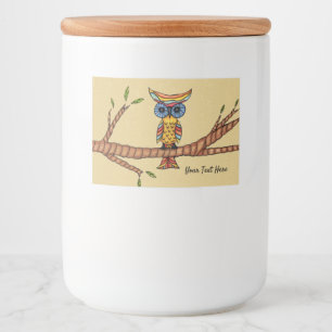 Colourful Fantasy Owl Blue eyes on Tree Branch Tan Food Label