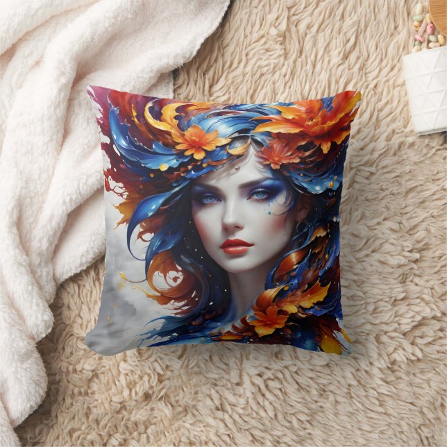Colourful Fantasy Portrait of a Woman With Flowers Cushion (Blanket)