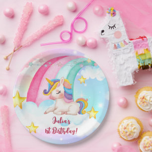 Colourful Fantasy Watercolor Rainbow Unicorn Girl Paper Plate
