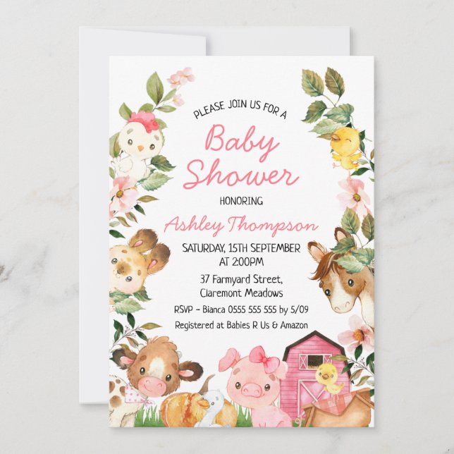 Colourful Farm Animals Pink Barn Baby Shower Invitation (Front)