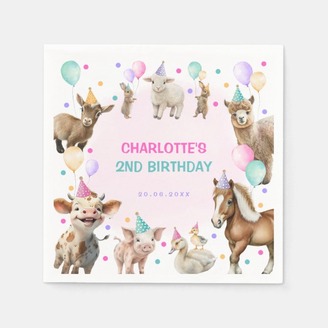 Colourful Farm Confetti Barnyard Animals Birthday Napkin (Front)