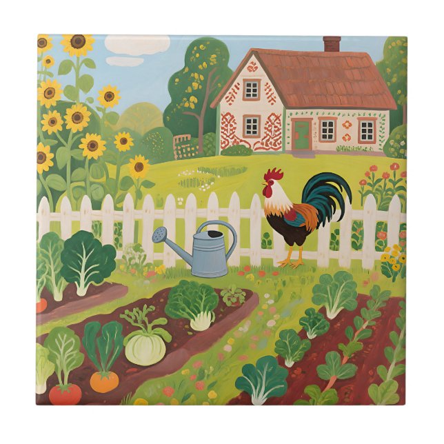 Colourful Farm Garden Rooster Tile (Front)