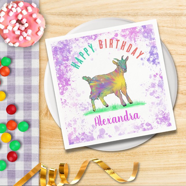 Colourful Farm Goat Girls Birthday Party Name Napkin (Cute goat farm animal watercolor custom birthday party paper napkins)