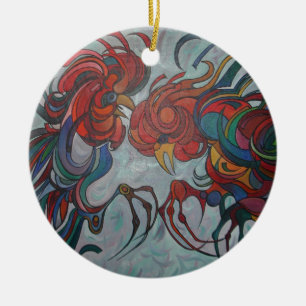 Colourful Farmyard Roosters Ceramic Tree Decoration