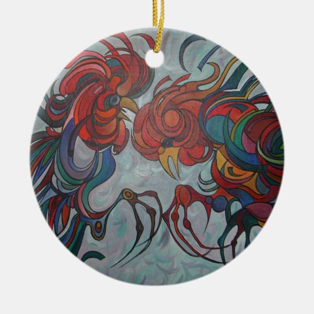 Colourful Farmyard Roosters Ceramic Tree Decoration (Front)