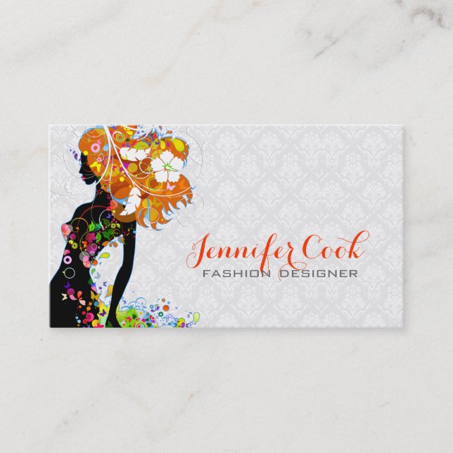 Colourful Fashion Floral Girl Silhouette Business Card (Front)