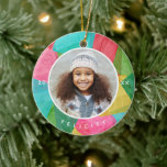 Colourful Faux Decoupage Photo Christmas Ceramic Tree Decoration<br><div class="desc">Add a fun pop of colour to your Christmas tree with this photo Christmas ornament, featuring a colourful faux decoupage tissue paper design in red, green, lime, aqua blue, pink, and golden yellow. Customise it with your child's name, the year, and photos - choose the same photo for both the...</div>