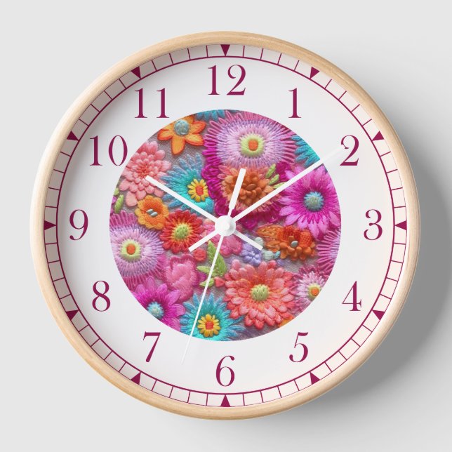 Colourful Faux Embroidered Floral Elegant Womans Clock (Front)
