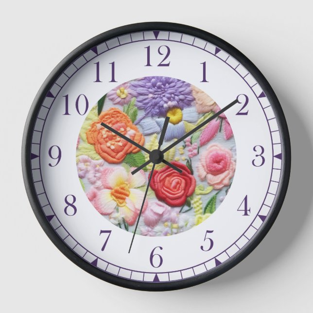 Colourful Faux Embroidered Floral Stylish Womans Clock (Front)