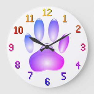 Colourful Faux Glass Dog Paw Print Large Clock