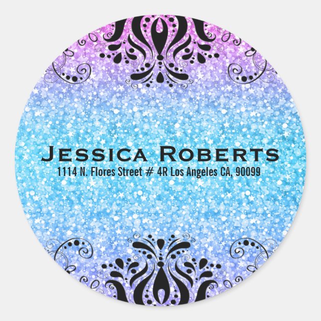 Colourful Faux Glitter & Black Lace Classic Round Sticker (Front)