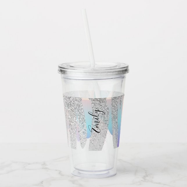 Colourful Faux Glitter Dripping Monogrammed Name   Acrylic Tumbler (Left)