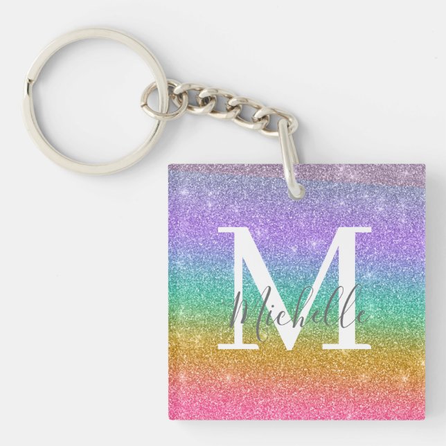 Colourful Faux Glitter Personalised Monogram Name Key Ring (Front)
