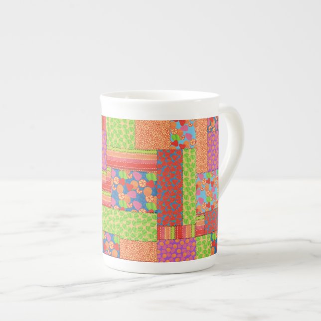 Colourful Faux Patchwork of Summer Fruits Patterns Bone China Mug (Front Right)