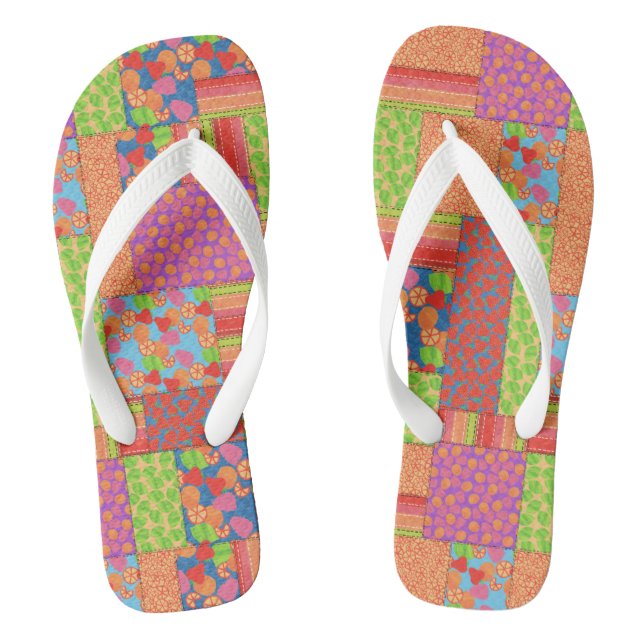 Colourful Faux Patchwork of Summer Fruits Patterns Flip Flops (Footbed)