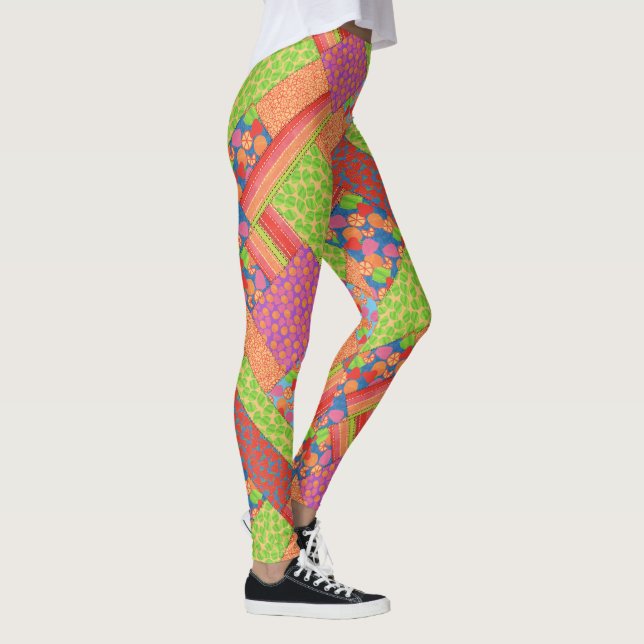 Colourful Faux Patchwork of Summer Fruits Patterns Leggings (Right)