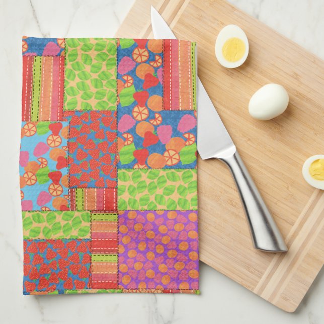 Colourful Faux Patchwork of Summer Fruits Patterns Tea Towel (Quarter Fold)