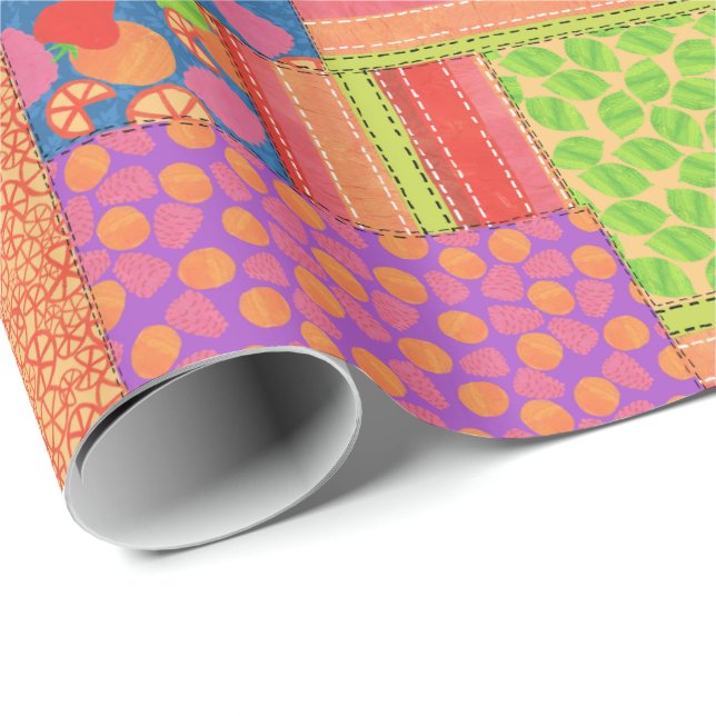 Colourful Faux Patchwork of Summer Fruits Patterns Wrapping Paper (Roll Corner)