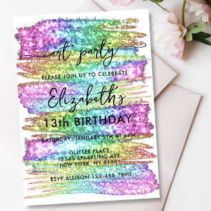 Colourful Faux Rainbow Glitter Art Birthday Party Invitation
