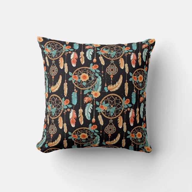 Colourful feather dreamcatcher floral black teal  cushion (Front)