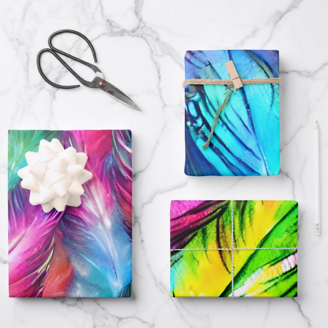 Colourful Feather Matching Mix Wrapping Paper Sheet (Front)
