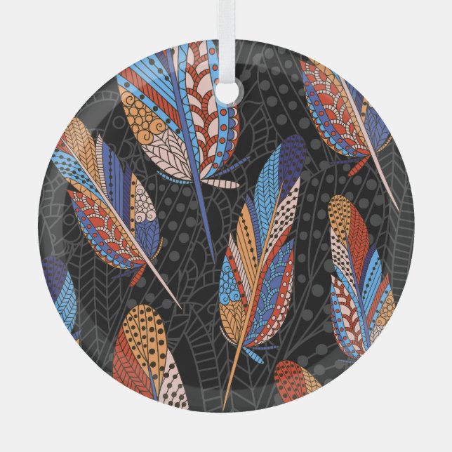 Colourful Feather Pattern Seamless Background. Glass Tree Decoration (Front)