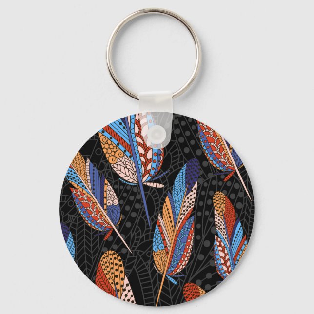 Colourful Feather Pattern Seamless Background. Key Ring (Front)