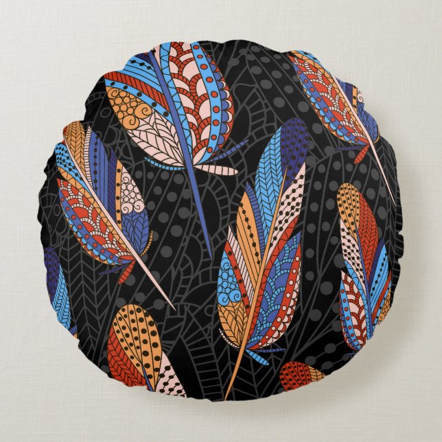 Colourful Feather Pattern Seamless Background. Round Cushion (Front)